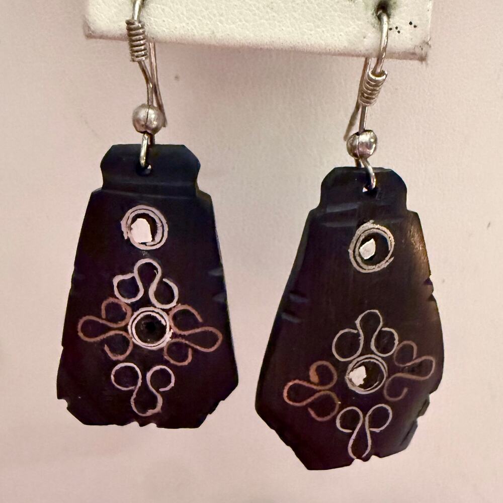 Handcrafted Artisan Mixed Metal Embossed Wooden Earrings - Picture 4 of 7